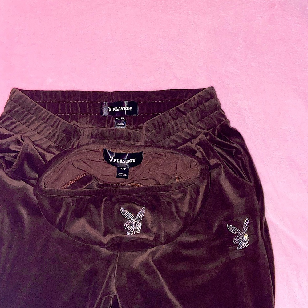 Playboy brown velour rhinestone joggers and top set